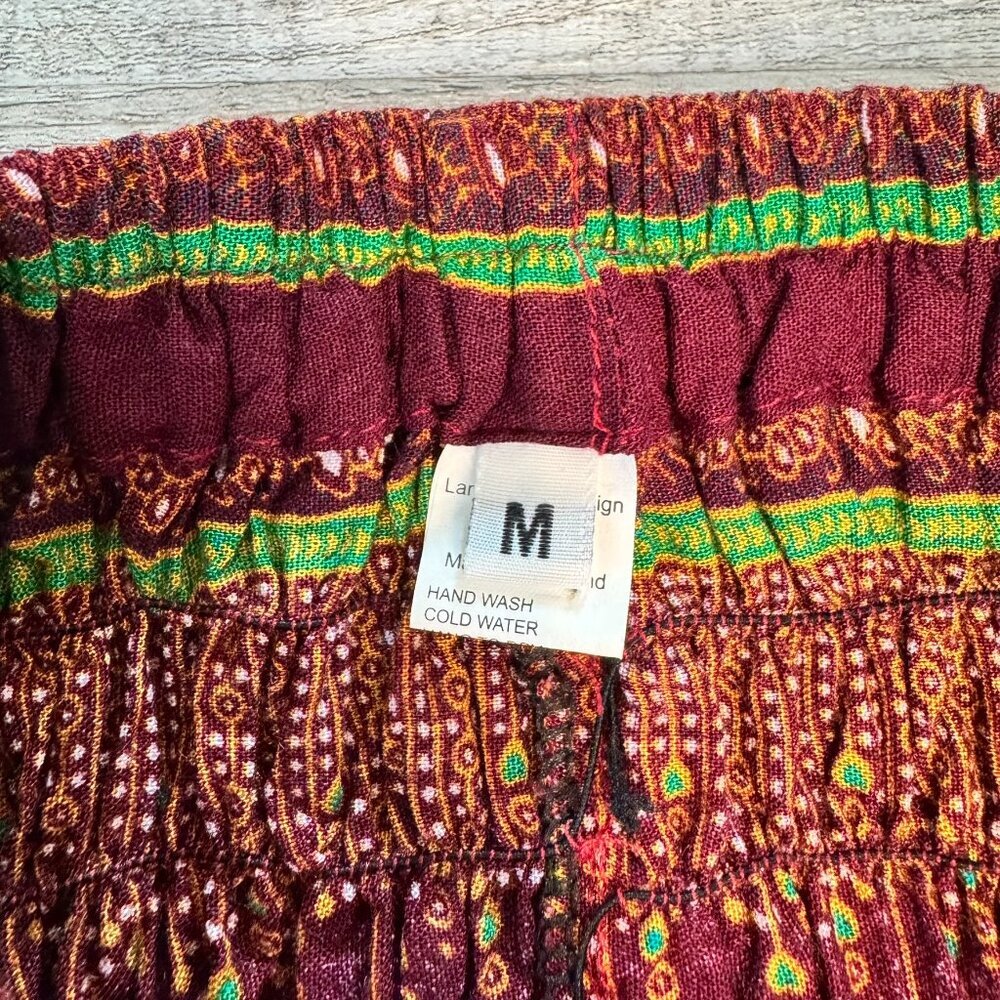 Burgundy Feather Print Harem Pants Size Medium Smocked Waist, Pockets M3 - Picture 2 of 7